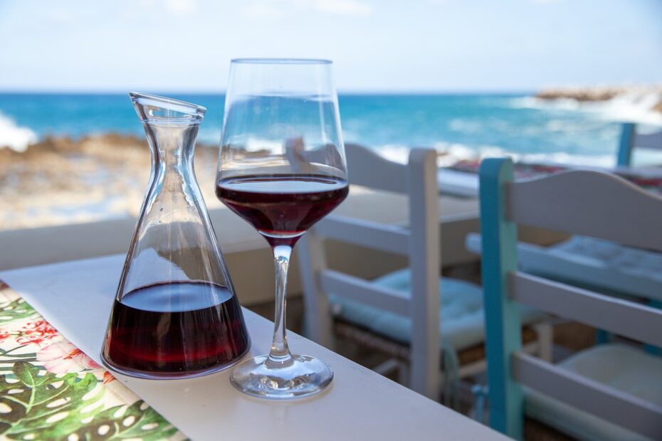 wine, crete, nature, greece, restaurant, sea, alcohol, glass, vacations