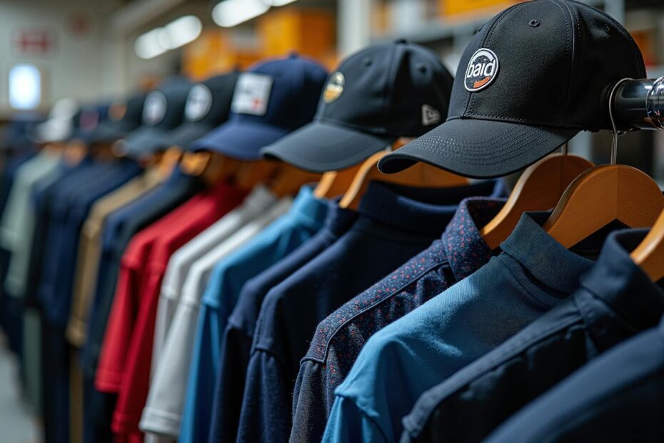 An organized display of various caps and shirts on hangers inside a clothing store.